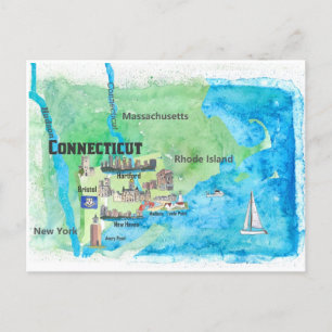 Cartão Postal Mapa de viagem de Connecticut nos EUA com destaque