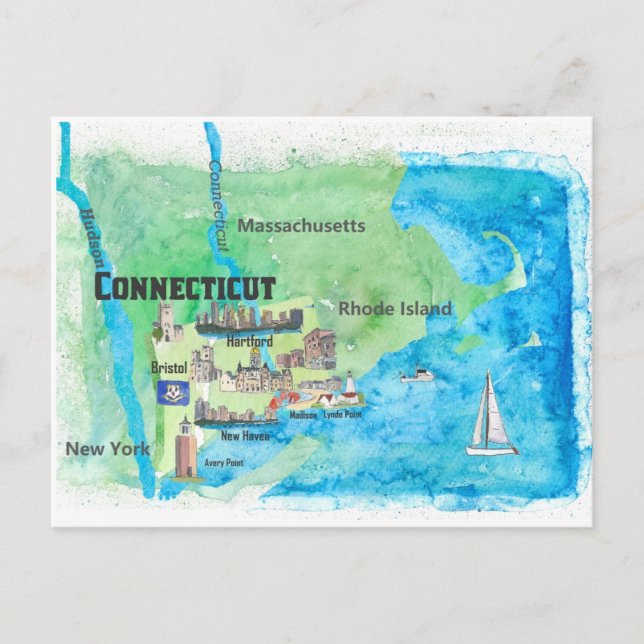 Cartão Postal Mapa de viagem de Connecticut nos EUA com destaque (Frente)