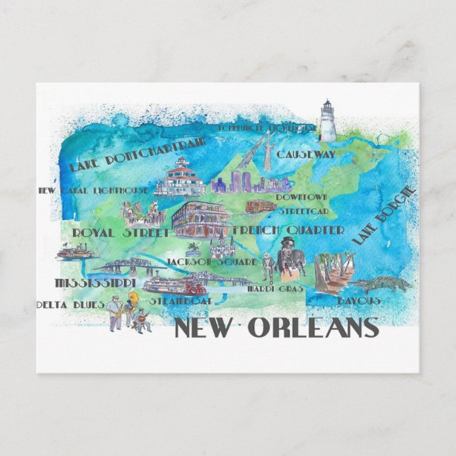 Cartão Postal Mapa de viagem de New Jersey EUA com destaques (Frente)