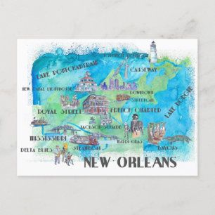 Cartão Postal Mapa de Viagem de Nova Orleans Louisiana