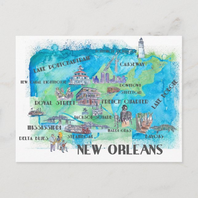 Cartão Postal Mapa de Viagem de Nova Orleans Louisiana  (Frente)