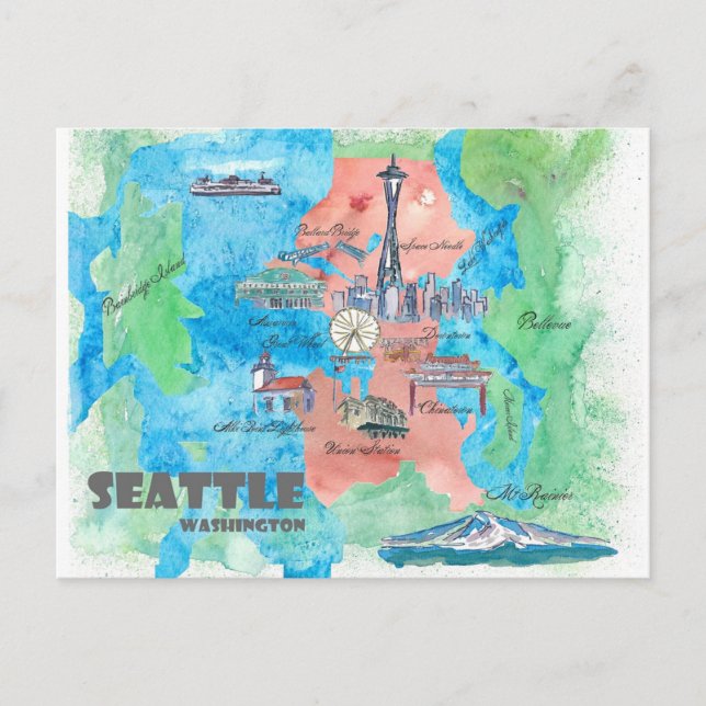 Cartão Postal Mapa de Viagem de Seattle Washington (Frente)