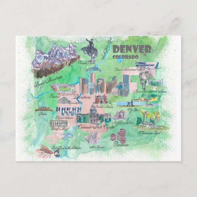 Cartão Postal Mapa de Viagem Denver Colorado  (Frente)