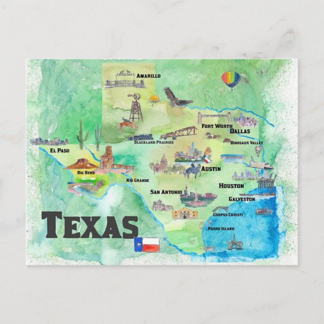 Cartão Postal Mapa de viagem do Texas nos EUA com destaques (Frente)