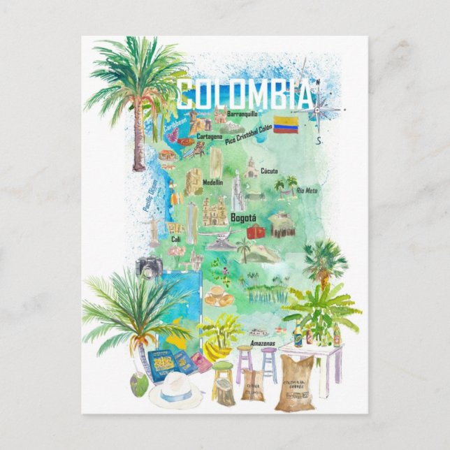 Cartão Postal Mapa de Viagem ilustrado da Colômbia (Frente)