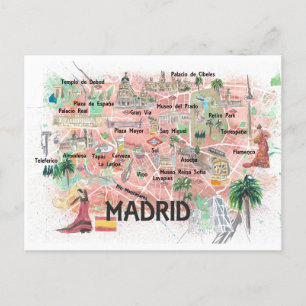 Cartão Postal Mapa de Viagem Ilustrado da Espanha Madrid com Est