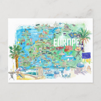Cartão Postal Mapa de Viagem Ilustrado da Europa