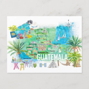 Cartão Postal Mapa de viagem ilustrado da Guatemala com estradas