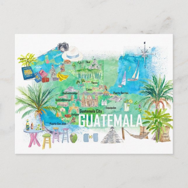 Cartão Postal Mapa de viagem ilustrado da Guatemala com estradas (Frente)