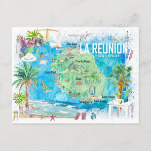 Cartão Postal Mapa de viagem ilustrado da Ilha de La Reunion