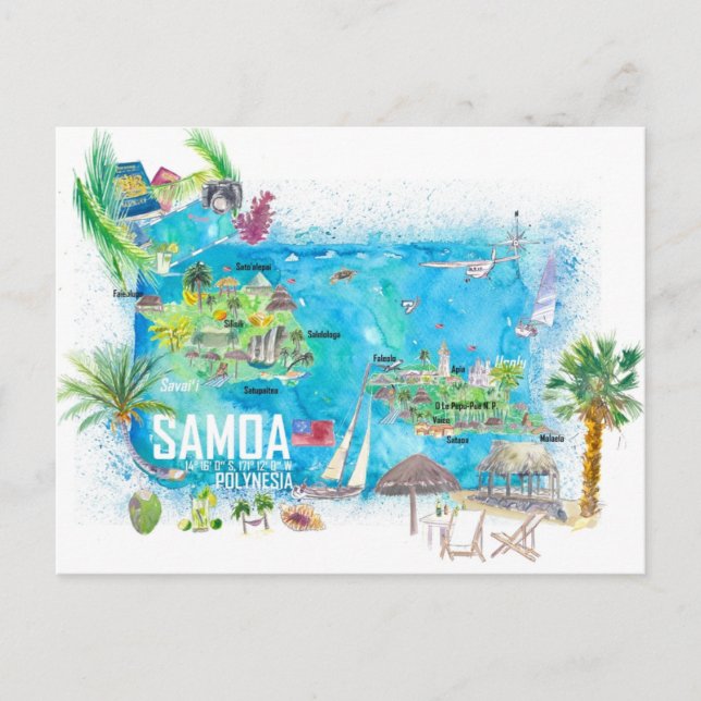 Cartão Postal Mapa de viagem ilustrado da ilha de Samoa (Frente)