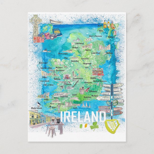 Cartão Postal Mapa de Viagem Ilustrado da Irlanda (Frente)