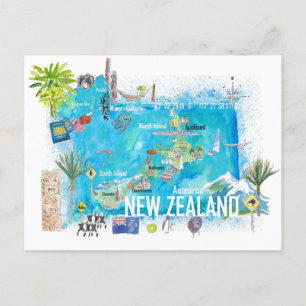 Cartão Postal Mapa de Viagem Ilustrado da Nova Zelândia