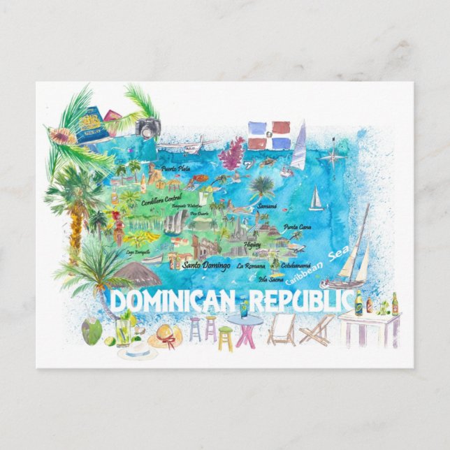 Cartão Postal Mapa de Viagem Ilustrado da República Dominicana (Frente)