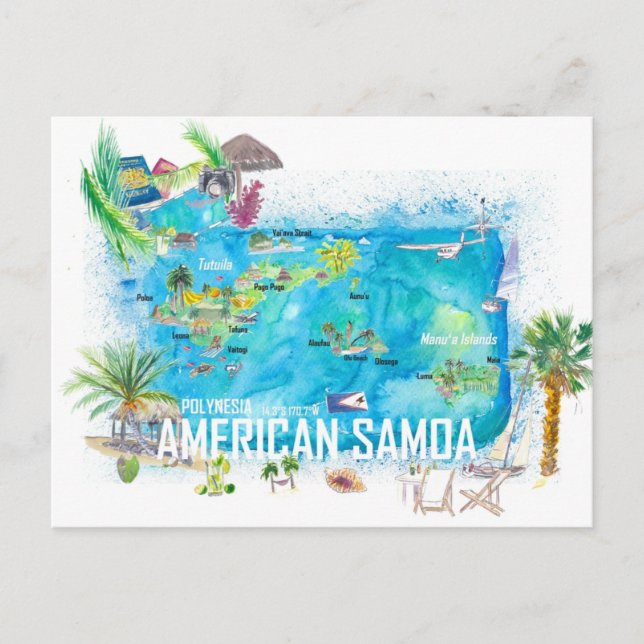 Cartão Postal Mapa de viagem ilustrado da Samoa Americana (Frente)