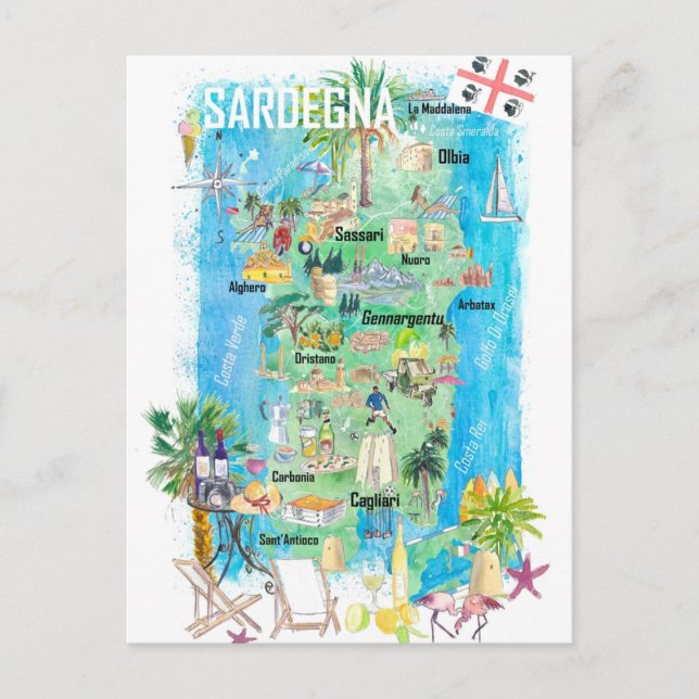 Cartão Postal Mapa de Viagem ilustrado da Sardenha (Frente)