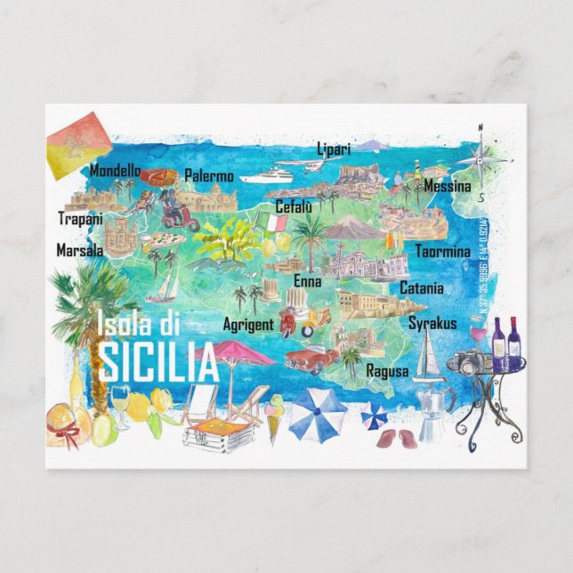 Cartão Postal Mapa de viagem ilustrado da Sicília Itália  (Frente)
