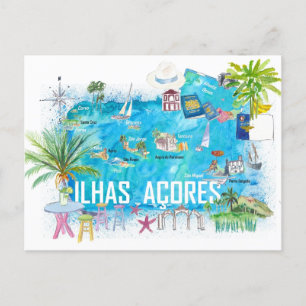 Cartão Postal Mapa de viagem ilustrado das Ilhas Açores Portugal