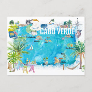 Cartão Postal Mapa de viagem ilustrado das ilhas de Cabo Verde