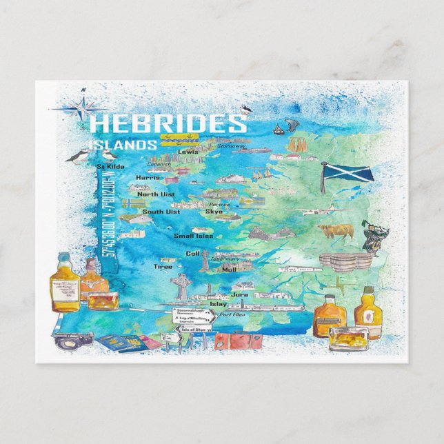 Cartão Postal Mapa de viagem ilustrado das Ilhas Hébridas (Frente)