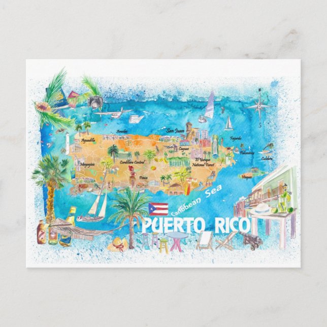 Cartão Postal Mapa de Viagem Ilustrado das Ilhas Porto Rico (Frente)