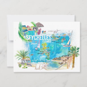 Cartão Postal Mapa de viagem ilustrado das Ilhas Seychelles
