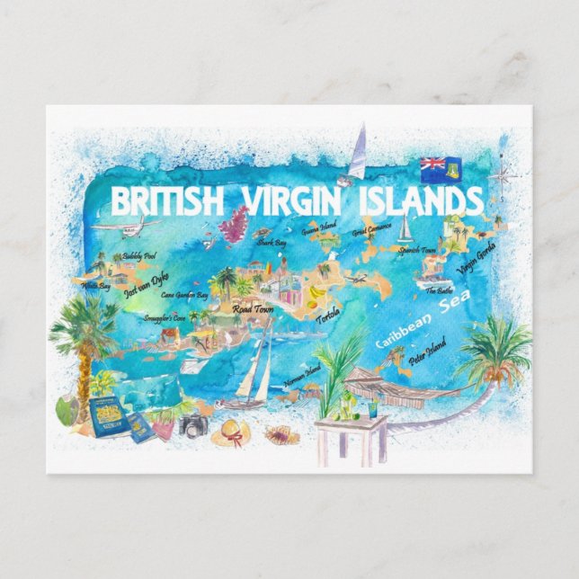 Cartão Postal Mapa de Viagem Ilustrado das Ilhas Virgens Britâni (Frente)