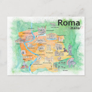 Cartão Postal Mapa de Viagem Ilustrado de Roma Itália