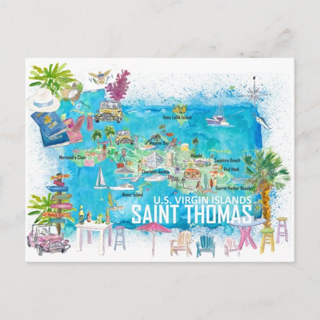 Cartão Postal Mapa de viagem ilustrado de Saint Thomas USVI (Frente)