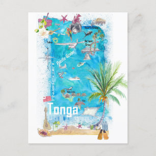 Cartão Postal Mapa de Viagem Ilustrado de Tonga Polinésia