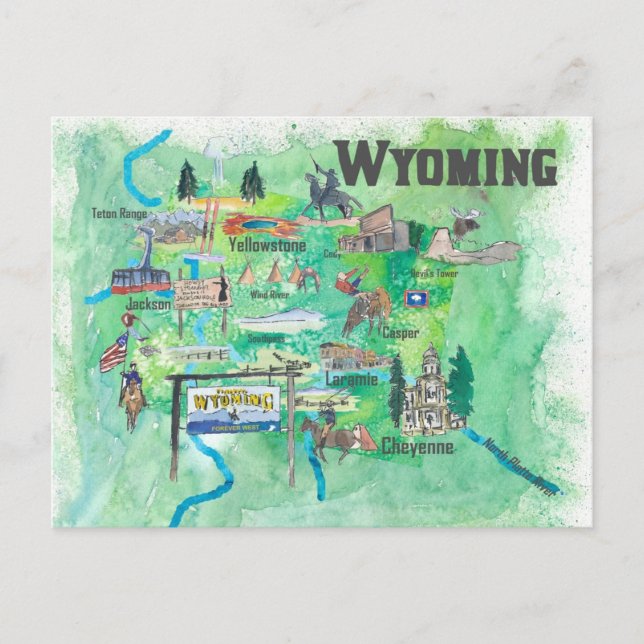 Cartão Postal Mapa de Viagem Ilustrado do Wyoming dos EUA (Frente)
