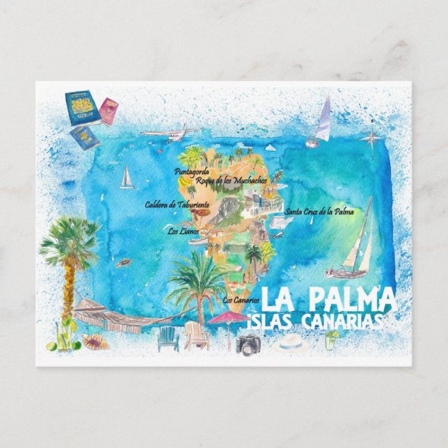 Cartão Postal Mapa de Viagem La Palma Ilustrado com Estradas (Frente)
