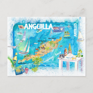 Cartão Postal Mapa de Viagens de Caribe Ilustrado das Antilhas d