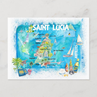 Cartão Postal Mapa de Viagens de Caribe Ilustrado das Antilhas d