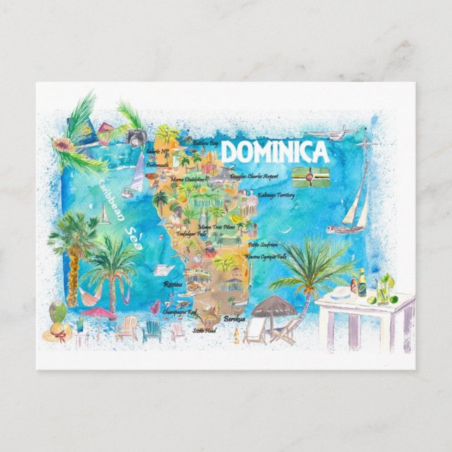 Cartão Postal Mapa de Viagens Ilustrado das Antilhas Dominica (Frente)