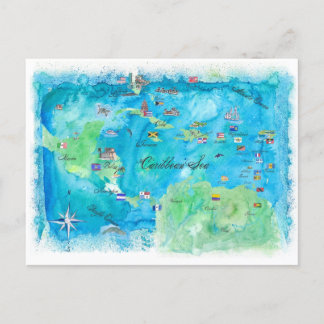 Cartão Postal Mapa de Viagens vintage do Mar de Caribe