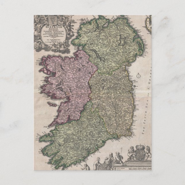 Cartão Postal Mapa de Vintage da Irlanda (1716) (Frente)