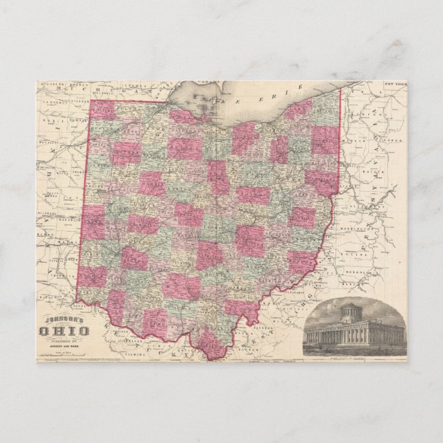 Cartão Postal Mapa de Vintage de Ohio (1864) (Frente)