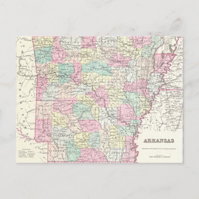 Cartão Postal Mapa de Vintage do Arkansas (1855) (Frente)
