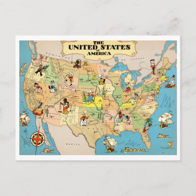 Cartão Postal Mapa de Vintage dos Estados Unidos (Frente)