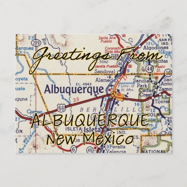 Cartão Postal Mapa de Vintagem do NM Albuquerque (Frente)