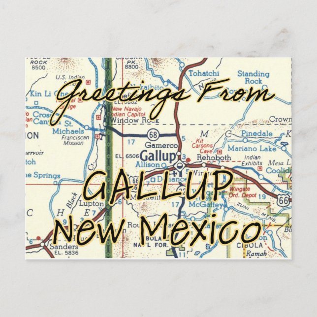 Cartão Postal Mapa de Vintagem do NM Gallup (Frente)