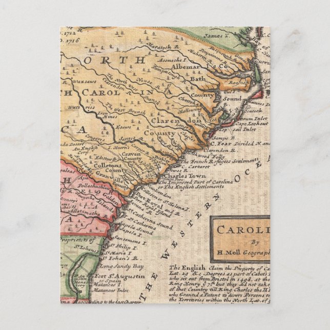 Cartão Postal Mapa de Vintagens das Carolinas (1746) (Frente)