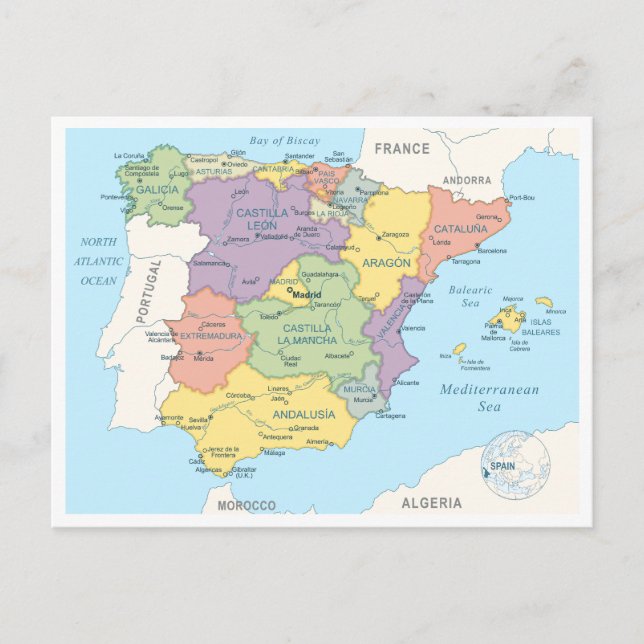 Cartão Postal Mapa detalhado da Espanha (Frente)