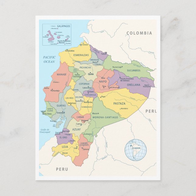 Cartão Postal Mapa detalhado do Equador (Frente)