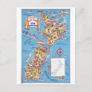 Cartão Postal Mapa Divertido Vintage da Nova Zelândia