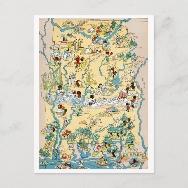 Cartão Postal Mapa do Alabama Vintage (Frente)