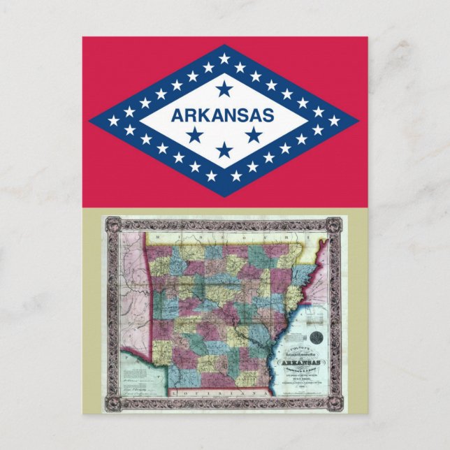 Cartão Postal Mapa do Arkansas e Sinalizador do Estado (Frente)