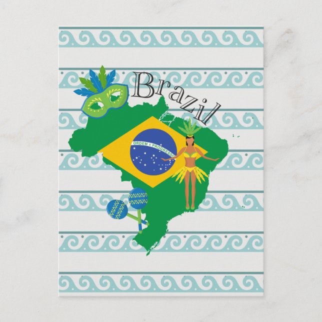 Cartão Postal Mapa do Brasil com Bandeira Brasileira (Frente)