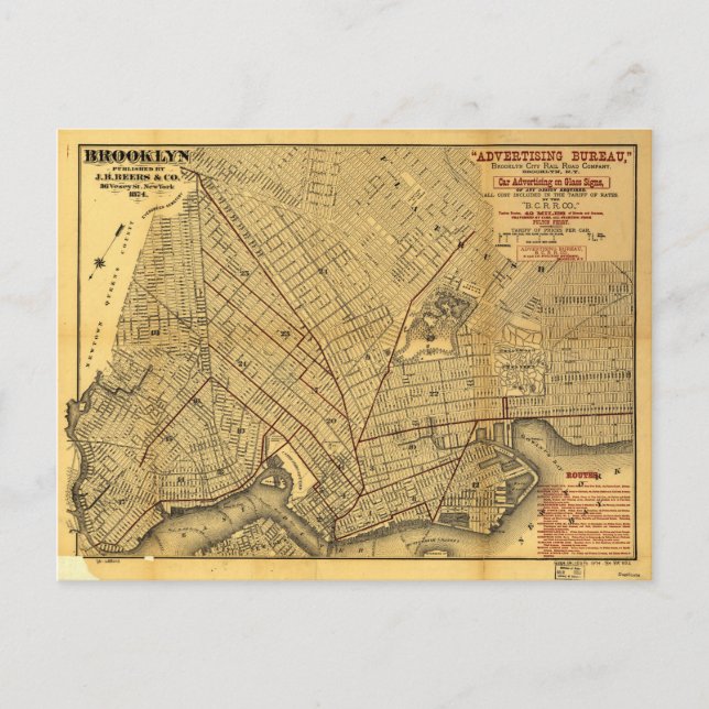 Cartão Postal Mapa do Brooklyn, Nova Iorque (1874) (Frente)